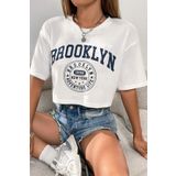 MODAGEN Kadın Oversize Crop T-shirt Beyaz Brooklyn Baskılı
