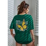 MODAGEN Kadın Oversize Yeşil Ön Arka Baskılı Kelebek T-shirt