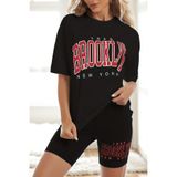 MODAGEN Kadın Siyah Brooklyn Baskılı T-Shirt Tayt Takım