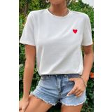 MODAGEN Kadın Slimfit Pamuk Kırmızı Kalpli Beyaz T-Shirt