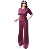 Modal Kumaş Sırtı Bağlamalı Bluz Pantolon Takım, Kadın İki Parça Set, Kısa Kollu Üst ve Geniş Paça Pantolon (Bordo, L)
