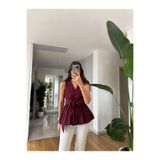 MODAMERSİ Kadın Bordo Kuşaklı V Yaka Bluz