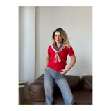 MODAMERSİ Kadın Kırmızı V Yaka Fularlı Triko Bluz