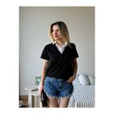 MODAMERSİ Kadın Siyah Dantel Yaka Detaylı T-shirt