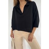 MODAMERSİ Kadın Siyah Polo Yaka Oversize Triko Bluz