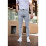Modamesto Erkek Açık Gri Slim Fit Çizgili Likralı Yan Cep Bilek Boy Kumaş Pantolon - 31