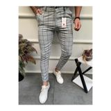MODAMESTO Erkek Açık Gri Slim Fit Likralı Ekoseli Kumaş Pantolon