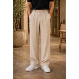 Modamesto Erkek Bej Baggy Fit Rahat Kesim Pileli Kumaş Pantolon - 2XL