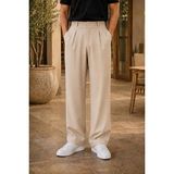Modamesto Erkek Bej Baggy Fit Rahat Kesim Pileli Kumaş Pantolon - XL
