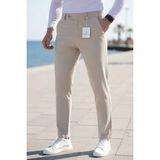 Modamesto Erkek Bej Slim Fit Likralı Yan Cep Bilek Boy Düz Kumaş Pantolon - 30