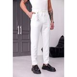 Modamesto Erkek Beyaz Slim Fit Likralı Beli Lastikli Bağcıklı Yan Cep Jogger Kumaş Pantolon - 33