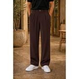 Modamesto Erkek Kahverengi Baggy Fit Rahat Kesim Pileli Kumaş Pantolon - 2XL