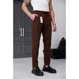 Modamesto Erkek Kahverengi Slim Fit Likralı Beli Lastikli Bağcıklı Yan Cep Jogger Kumaş Pantolon - 30