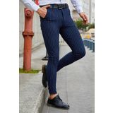 MODAMESTO Erkek Lacivert Çizgili Slim Fit Kumaş Pantolon