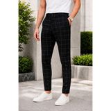 MODAMESTO Erkek Siyah Ekose Kumaş Pantolon Slim Fit Likralı Dar Paça Desenli
