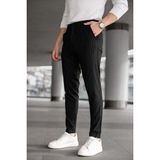 Modamesto Erkek Siyah Slim Fit Çizgili Likralı Yan Cep Bilek Boy Kumaş Pantolon - 29