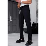 Modamesto Erkek Siyah Slim Fit Likralı Beli Lastikli Bağcıklı Yan Cep Jogger Kumaş Pantolon - 34
