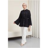 Modamorfo Beli Bağlamalı Taşlı Düğmeli Pliseli Poplin Tunik -siyah
