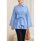 Modamorfo Beli Korsajlı Gizli Patlı Kuşaklı Poplin Tunik -mavi