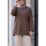 Modamorfo Bisiklet Yaka Yırtmaçlı Oversize Penye Tunik -koyu Kahverengi
