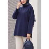 Modamorfo Bisiklet Yaka Yırtmaçlı Oversize Penye Tunik -lacivert