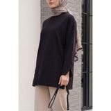 Modamorfo Bisiklet Yaka Yırtmaçlı Oversize Penye Tunik -siyah