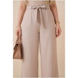 Modamorfo Duble Kumaş Beli Kuşaklı Bol Paça Pantolon -bej