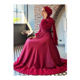 Modamorfo Eteği Ve Kolları Gül Detaylı Saten Abiye -Bordo