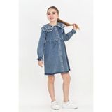 Modanino Kız Çocuk Çift Yaka Detaylı ve Boydan Düğmeli Jean Elbise 12341 - 2 - 3 Yaş - Indigo