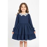 Modanino Kız Çocuk Elbise -Bürümcük Kumaş-Yaka ve Etek Uçları Nakış Detaylı 4-9 Yaş 12516 - 4 - 5 Yaş - Indigo