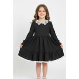 Modanino Kız Çocuk Elbise -Bürümcük Kumaş-Yaka ve Etek Uçları Nakış Detaylı 4-9 Yaş 12516 - 6 - 7 Yaş - Siyah