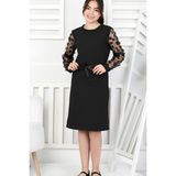 Modanino Kız Çocuk Kolları Tüllü ve Yonca+ Taş Süslemeli Elbise 9-15 Yaş 12565 - 9 - 10 Yaş - Siyah