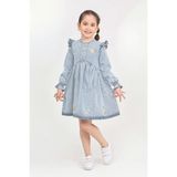 Modanino Kız Çocuk Papatya Nakışlı Omuz Fırfırlı Jean Elbise 12466 - 5 - 6 Yaş - Açık Mavi
