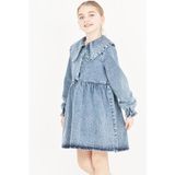 Modanino Kız Çocuk Taş Süslemeli ve Geniş Yakalı Jean Elbise 12453 - 7 - 8 Yaş - Açık Mavi