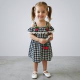 Modanua Siyah Beyaz Gingham Ekoseli Kiraz Detaylı Kız Çocuk Elbise - Siyah - Beyaz - 3 Yaş