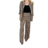 Modaonna Leopar desen mevsimlik gömlek pantolon takım (Kahverengi, S)