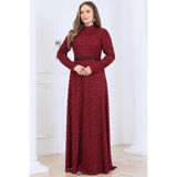 Modapodyum Lina Kuyruklu Dantel Tesettür Elbise Bordo - 38