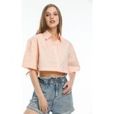 modarc Kadın Turuncu Çizgili Pamuk Oversize Crop Gömlek