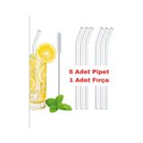 Modares Store Mutfaksultani Straw 6'Lı Şeffaf Cam Eğimli Isıya Dayanıklı Borosilikat Pipet Ve 1 Adet Pipet Temizleme Fırçası
