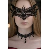 ModaRESSO 2'li Siyah Dantel Vintage Gotik Kolye & Siyah Dantel Yüz Göz Maske Dantel Kumaş -Cosplay Kostüm