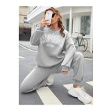MODARİCH Kadın Gri California Slogan Alt Üst Eşofman Takımı Oversize Bisiklet Yaka