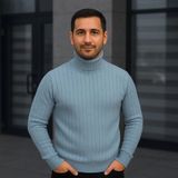 ModaSize Erkek Balıkcı Yaka Bağazlı Triko Kazak Pamuklu Kalın Fitilli Dokuma, Regular Fit Uzun Kollu Kışlık Model - Bebe Mavisi - 2XL