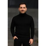 ModaSize Erkek Balıkcı Yaka Bağazlı Triko Kazak Pamuklu Kalın Fitilli Dokuma, Regular Fit Uzun Kollu Kışlık Model - Siyah