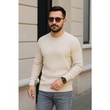 ModaSize Erkek Bisiklet Yuvarlak Yaka Triko Kazak Pamuklu Kalın Fitilli Dokuma, Regular Fit Uzun Kollu Kışlık Model - Bej - XL