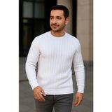ModaSize Erkek Bisiklet Yuvarlak Yaka Triko Kazak Pamuklu Kalın Fitilli Dokuma, Regular Fit Uzun Kollu Kışlık Model - Beyaz