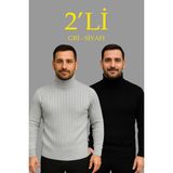 ModaSize Erkek Fitilli Triko Kazak 2li Set Gri Siyah Regular Balıkcı Yaka Tam Boğazlı Triko Seti Modeli Kazak - Gri - Siyah - 2XL
