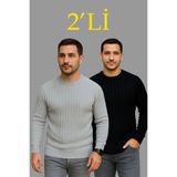 ModaSize Erkek Fitilli Triko Kazak 2’li Set – Siyah - Gri, Kalın Dokuma Pamuklu Regular Fit Bisiklet Yaka Uzun Kollu Rahat Kışlık Kazak Kombini - 2XL