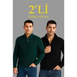 ModaSize Erkek Fitilli Triko Kazak 2’li Set – Siyah - Haki Kalın Dokuma Pamuklu Regular Fit V Yaka Fermuarlı Uzun Kollu Rahat Kışlık Kazak Kombini - XL