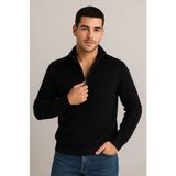 ModaSize Erkek Yarım Fermuarlı Triko Kazak – Selanik Örgü, Dik Yaka, Pamuklu Dokuma, Regular Fit Uzun Kollu Kışlık Model - Siyah - 2XL