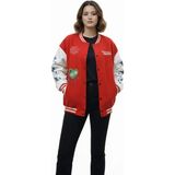 ModaSize Kırmızı Varsity Çıtçıtlı Baskılı Oversize Kalıp Kolej Ceket - Kırmızı - --